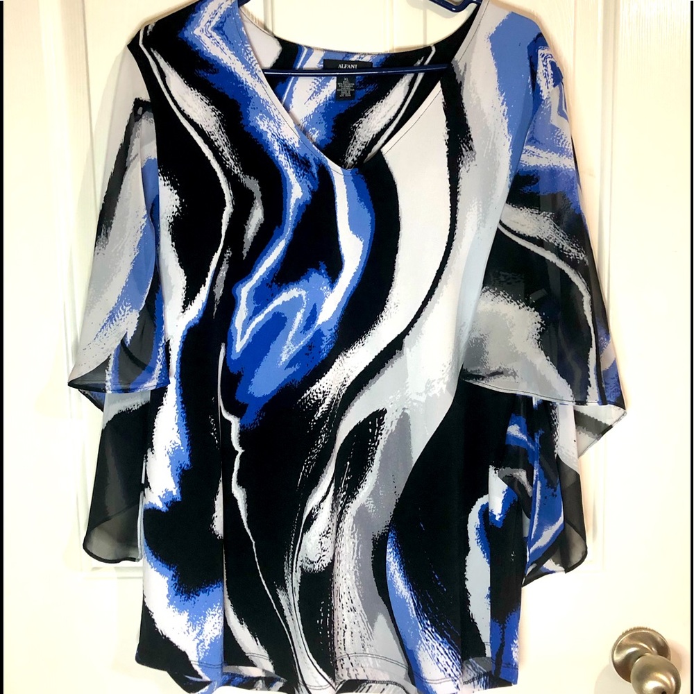 Alfani Women Shirt blouse Top Short Sleeve Stretch  Blue Black XL White